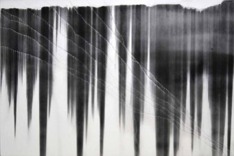 Gravity Drop - Decrescendo, charcoal and holes on museum board, 40 x 60 inches, 2011
