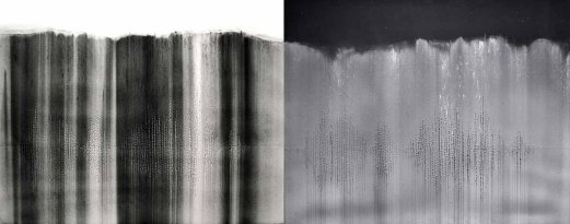 Gravity Drop Diptych, charcoal and holes on museum board, 20 x 60 inches