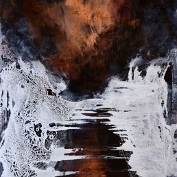 Highway of Fire, copper leaf, ink, acrylic and salt on panel, 18 x 24 inches