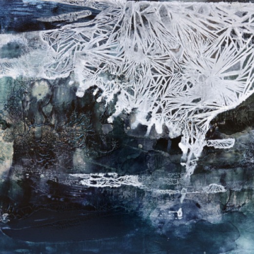 Vanishing Waters Series, silver leaf, ink, acrylic and salt on panel, 16 x 20 inches